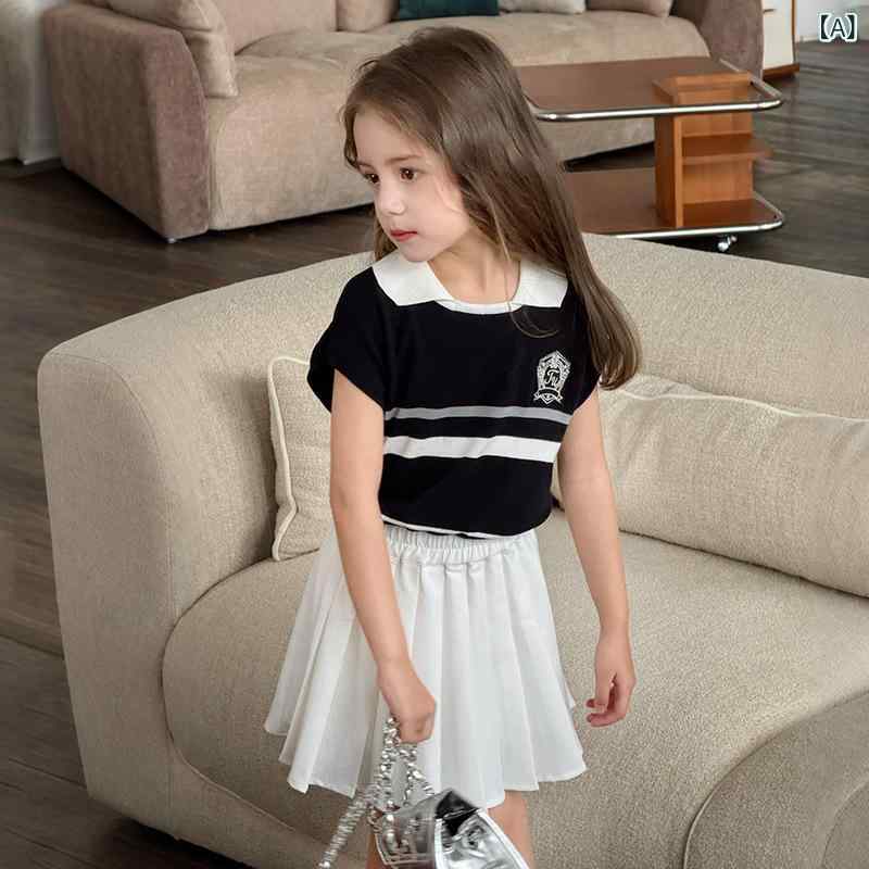 シャドーテールのニットベスト 女の子 キッズ サマーニット 接触冷感 ボーダー柄 ラウンドネック 子供服 トップス 学院風 かわいい おしゃれ 普段着 ブラック ホワイト系 100 110 120 130 140 150 160｜アングル2