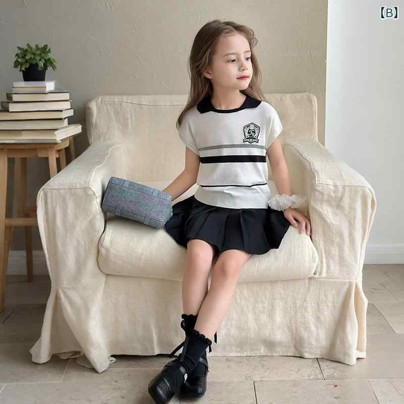シャドーテールのニットベスト 女の子 キッズ サマーニット 接触冷感 ボーダー柄 ラウンドネック 子供服 トップス 学院風 かわいい おしゃれ 普段着 ブラック ホワイト系 100 110 120 130 140 150 160｜アングル3