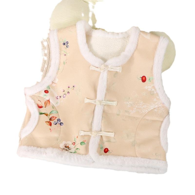 ベビー キッズ 中綿入りベスト 中国風 秋冬 中式 チョッキ 女の子 赤ちゃん 子供 幼児 防寒 厚手 花柄 ポリエステル 前開き スナップボタン 80 90 100 110 120 130 140cm
