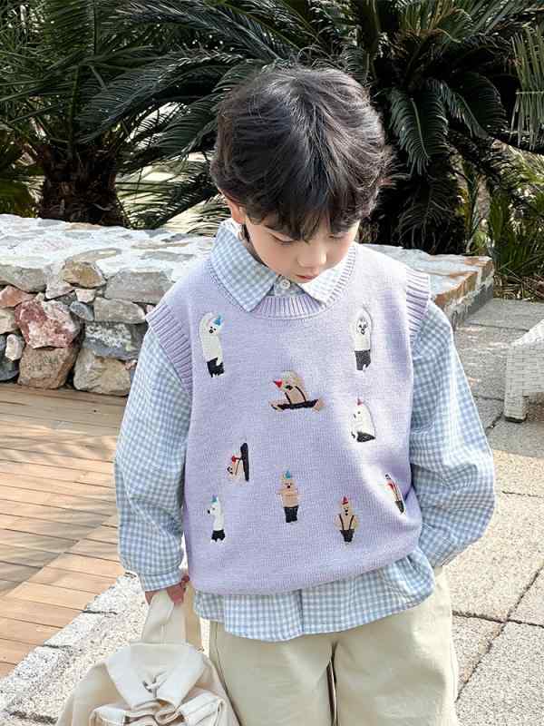 子供服 ベスト 男の子 春物 ニットベスト 刺繡 トップス チョッキ 春秋 かわいい 普段使い 通園 通学