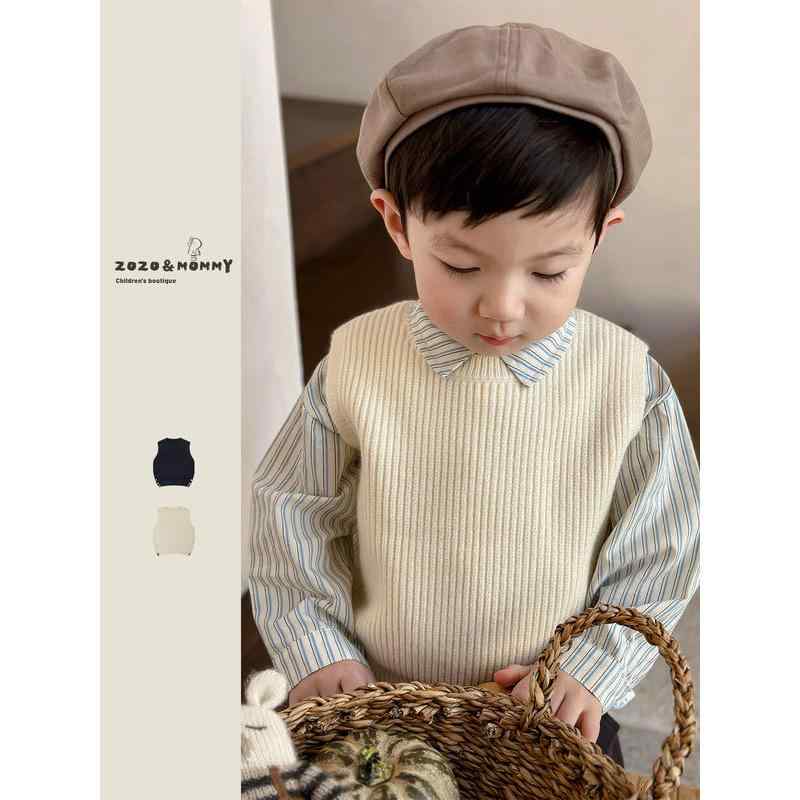 子供服 セットアップ キッズ ニットベスト 幼児 春物 ストライプシャツ 2点セット 8歳以上 男の子 女の子 おしゃれ かわいい 75〜130cm 刺繡入り カジュアルパンツ 上下別売り