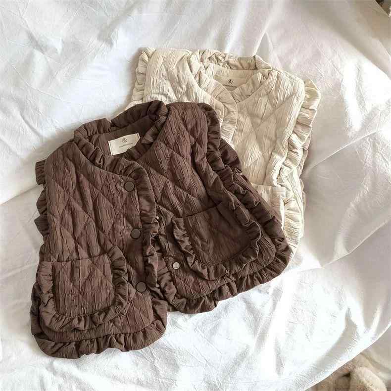 子供服 ベスト 女の子 秋冬 花柄 フリル 厚手 防寒 アウター チョッキ かわいい おしゃれ コーヒー色 アイボリー 80cm 90cm 100cm 110cm 120cm(4.0)