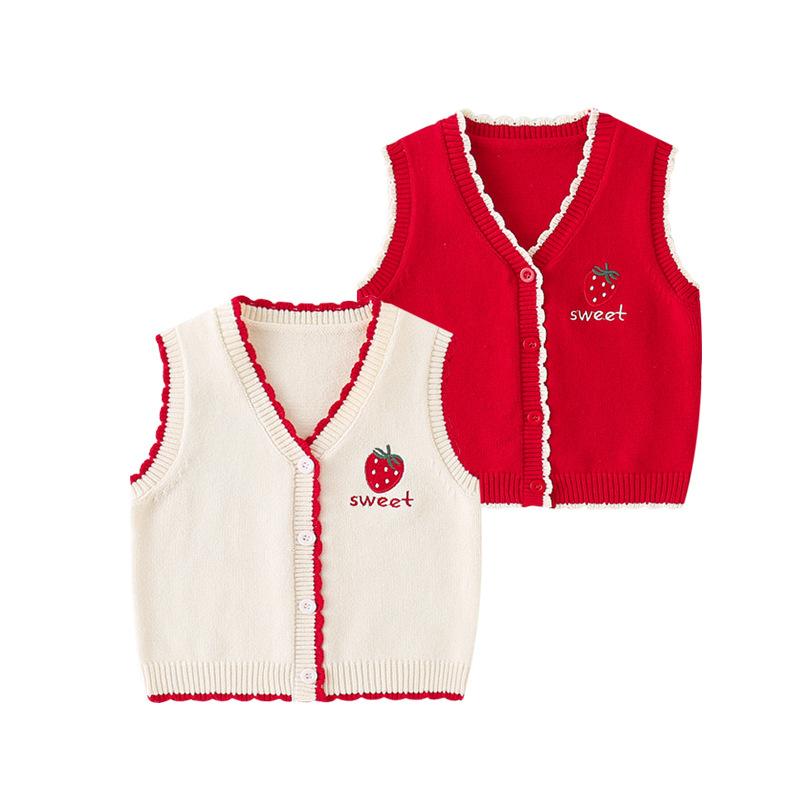 ベビー服 ベスト 女の子 ニット かわいい 春秋 アウター 乳幼児 子供服 トップス カーディガン 綿100% 73 80 90 100 110 赤 杏色
