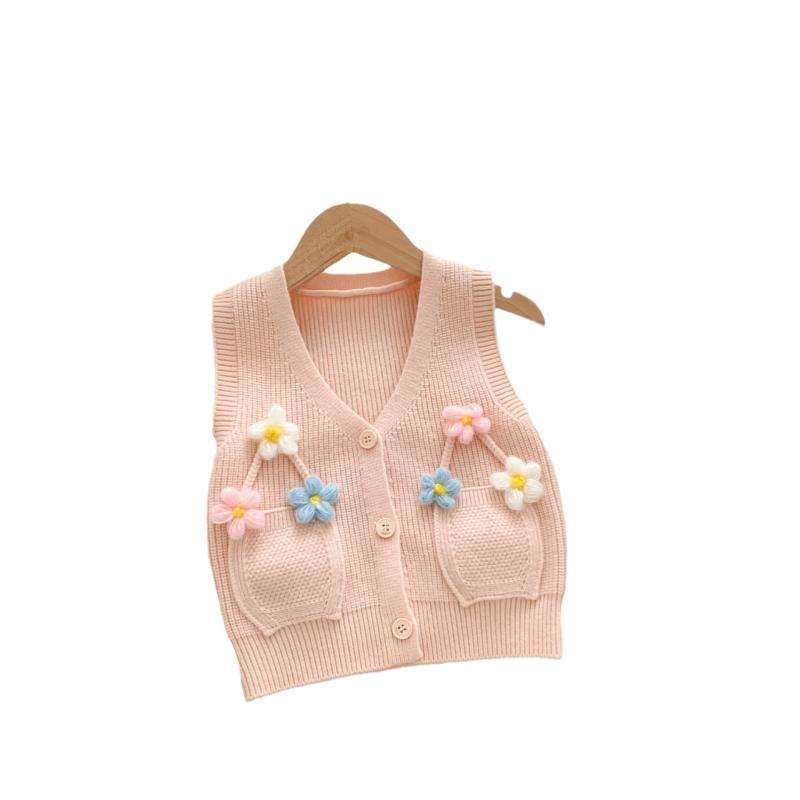子供服 ニットベスト 女の子 春秋 カーディガン ノースリーブ セーター チョッキ かわいい 花柄 ベビー キッズ ピンク系