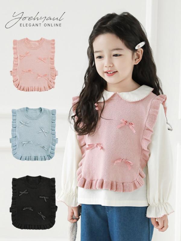 子供服 ベスト 女の子 ニット 丸首 かわいい 立体 蝶結び フリル コットン 春秋