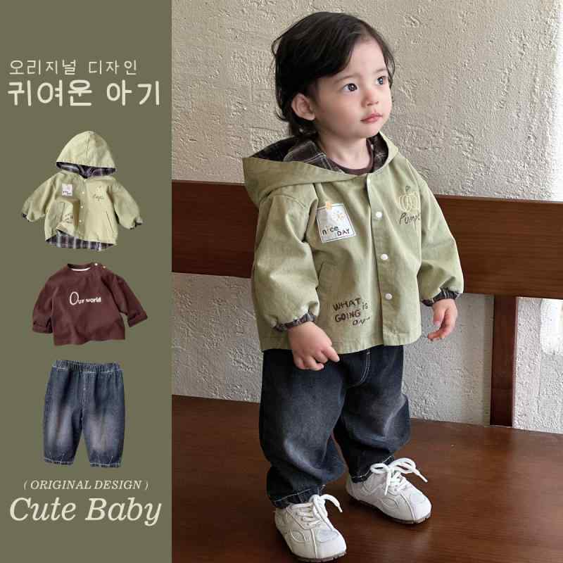 キッズ 男の子 秋物 フード付きウインドブレーカー Gジャン デニムパンツ 3点セット 綿100% カジュアル