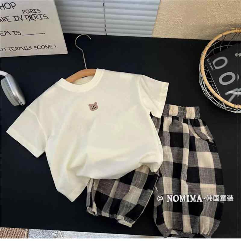Other - 子供用 Tシャツ & パンツ セットアップ 春夏 半袖 短パン 上下セット 薄手 カジュアル 普段着 かわいい 格子柄
