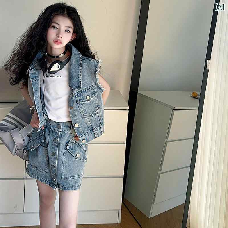 子供服 女の子 デニム セットアップ ベスト スカート 夏 ノースリーブ 中学生 高学...