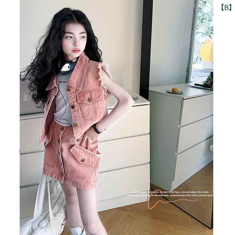 子供服 女の子 デニム セットアップ ベスト スカート 夏 ノースリーブ 中学生 高学...