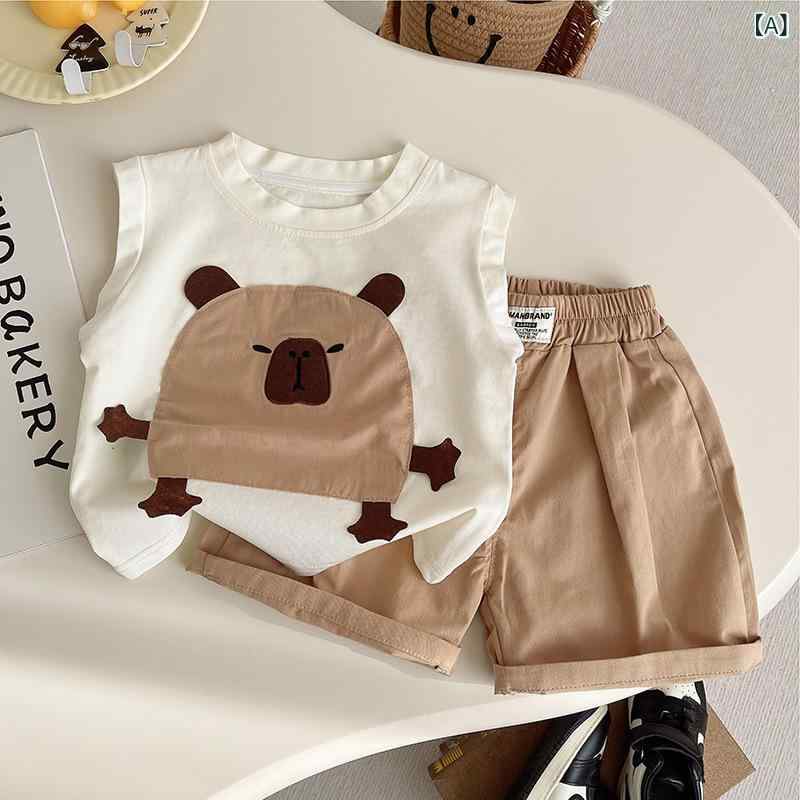シャドーテールの子供用タンクトップ 上下セット ベビー 男の子 かわいい動物柄 夏 薄手 ノースリーブ トップス パンツ 2点セット 幼児 普段着 部屋着｜アングル2