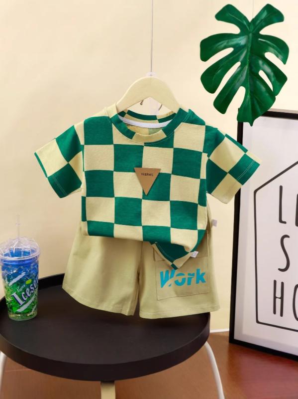 子供服 半袖短パン セットアップ 春夏 子供 格子柄 綿100％ 薄手 かわいい 男の子 女の子 上下セット 9..