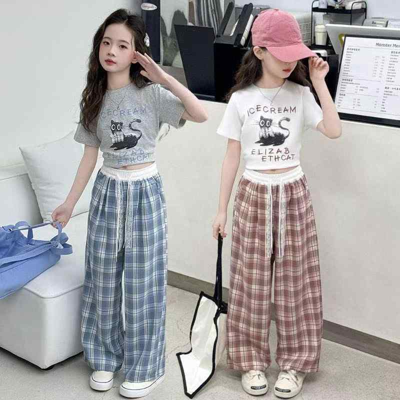 Other - 子供服 女の子 夏物 上下セット カジュアル 格子柄 ワイドパンツ 2点セット グレー ブルー ピンク系 中学生 小学生