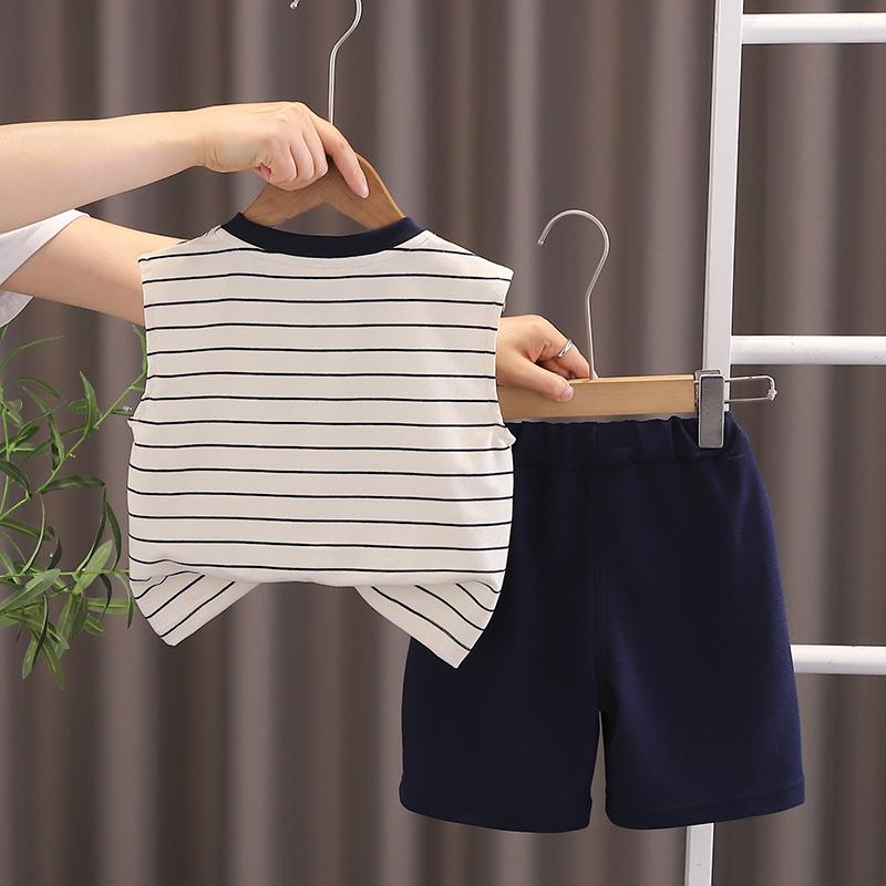Other - キッズ ベビー服 上下セット 夏 ノースリーブ 短パン ボーダー柄 かわいい サル柄 薄手 幼児 普段着 部屋着 綿90％ ベージュ系 80cm 90cm 100cm 110cm 120cm