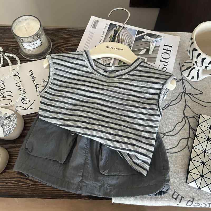 子供服 女の子 ストライプ ベスト グレー スカート付きパンツ 2点セット かわいい ガールズ 夏服 薄手 コットン 上下セット