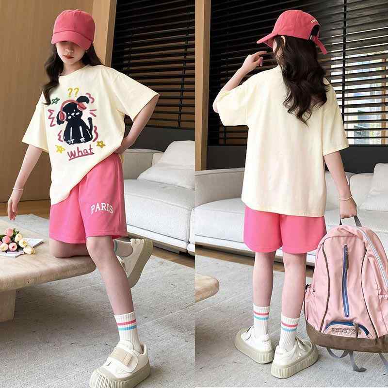 运动外衣 - Tシャツ 女の子 半袖 キッズ 子供服 上下セット カートゥーン プリント 薄手 通園 通学 普段着 綿混紡