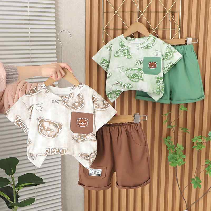 キッズ 夏服 半袖 短パン 上下セット 小熊柄 コットン 薄手 かわいい おしゃれ 男の子 女の子 幼児 普..
