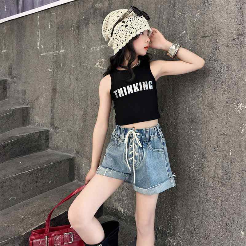 キッズ デニム 短パン セットアップ 女の子 Tシャツ ノースリーブ ショートパンツ 上下 2点 セット 子供服 ストリート ダンス 普段着 夏 薄手