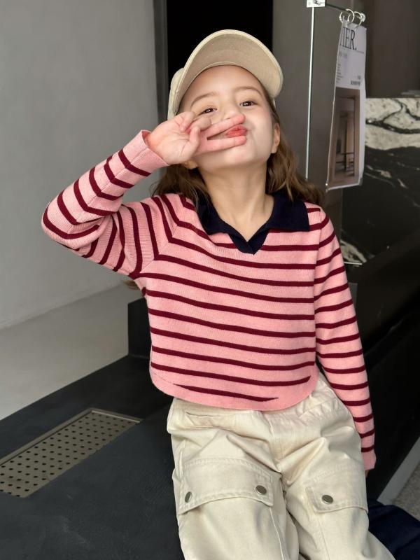 ニット・セーター キッズ 女の子 子供服 春秋 ボーダー柄 ストライプ リブ 襟付き ポロシャツ風 カット..