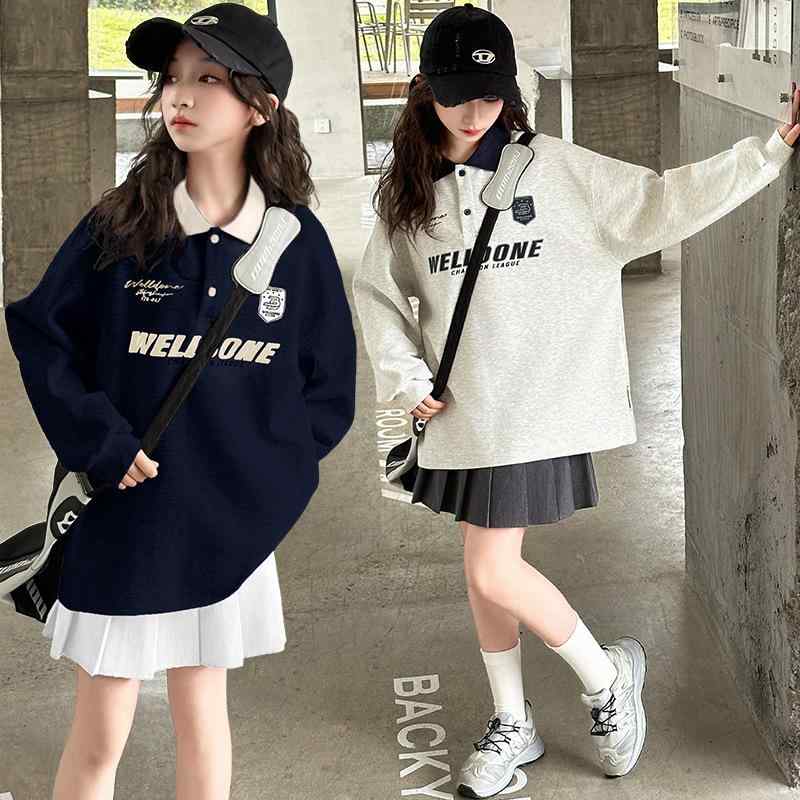 子供用スウェットシャツ 春秋 男女兼用 中学生 大学生 ポロシャツ風 トップス カレッジスタイル プリント 綿 8歳以上 グレー 黒 120cm 130cm 140cm 150cm 160cm 170cm