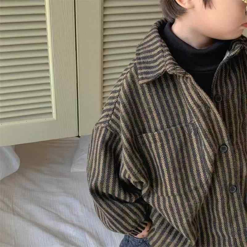 子供服 男の子 シャツ ストライプ 長袖 アウター 韓国風 カーディガン 春秋 冬 カキ色 黒灰色