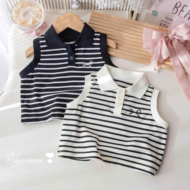Tシャツ キッズ 女の子 夏 ノースリーブ ストライプ 切り替え 刺繡 ポロシャツ かわいい トップス 普段使い