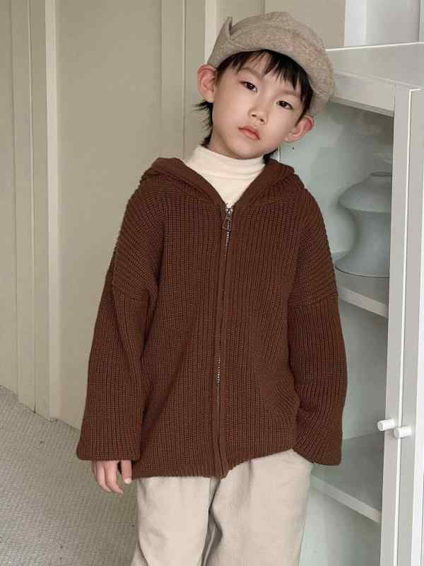 子供服 ニット カーディガン 秋冬 男の子 アウター 裏起毛 フード付き ジップアップ 厚手 ニット ジャケット ボーイズ 幼児 園児 普段着 通園 100 110 120 130 140 150cm レッド ベージュ