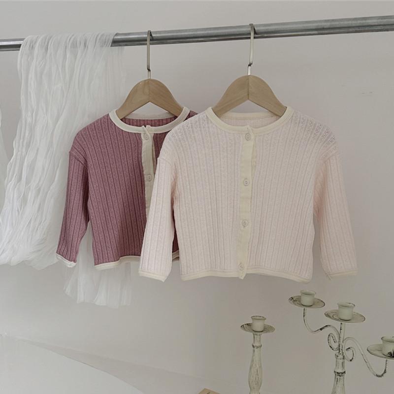 ベビー服 女の子 カーディガン 秋冬 長袖 コットン ニット アウター 上着 襟なし 丸首 無地 伸縮性 淡いピンク 深いピンク系 70 80 90