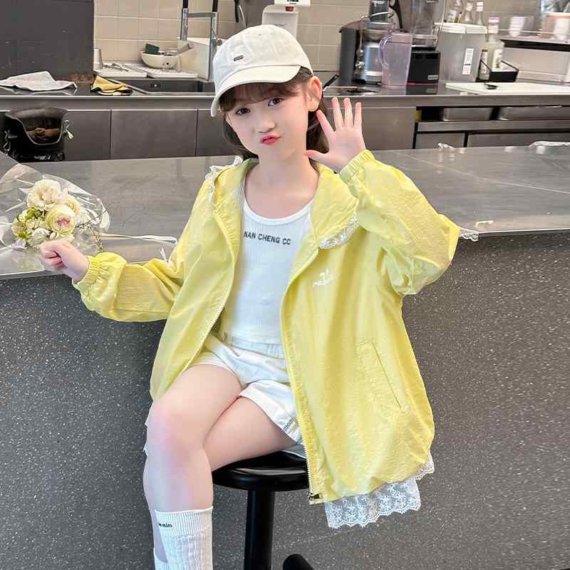 Cardigans - 子供服 ガールズ 薄手UVカットパーカー 女の子 アウター ラッシュガード キッズ 冷房対策 ポリエステル 無地 ピンク イエロー
