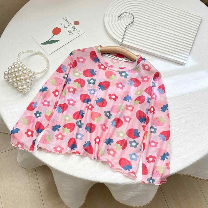 Cardigans - Tシャツ 女の子 子供用 薄手 長袖 トップス メッシュ 接触冷感 プリント かわいい 普段使い 通気性 ポリエステル ブルー系 ピンク系