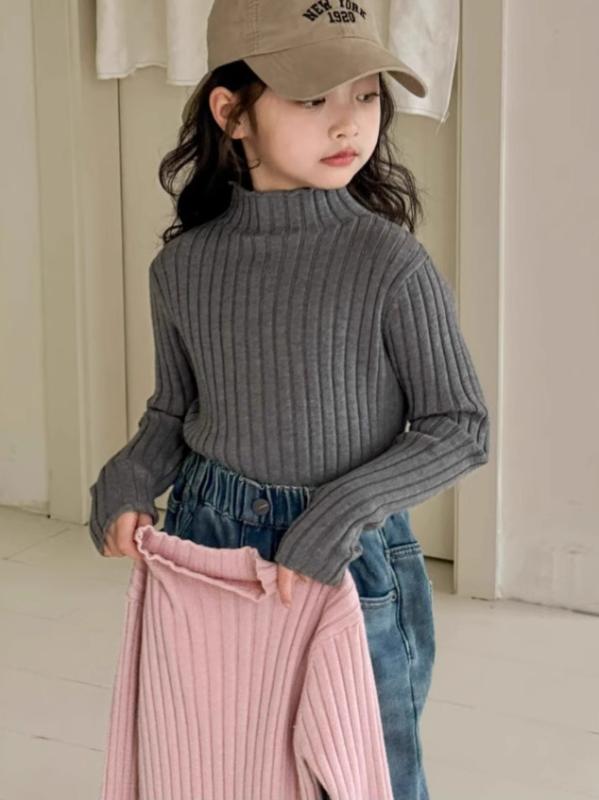 ニット・セーター ガールズ 子供服 秋冬 厚手 ハーフハイネック リブニット プルオーバー トップス かわいい 普段着 通園 通学 ベージュ グレー系