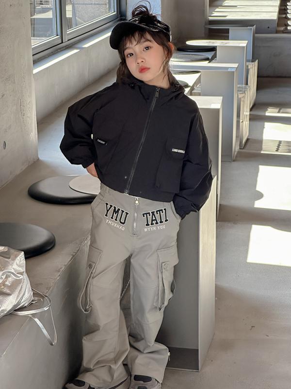 子供服 ジャケット 女の子 春秋 ブルゾン ジャンパー ショート丈 薄手 長袖 フード付き かわいい カジュアル スポーツ 普段使い 120cm 130cm 140cm 150cm 160cm 170cm ブラック