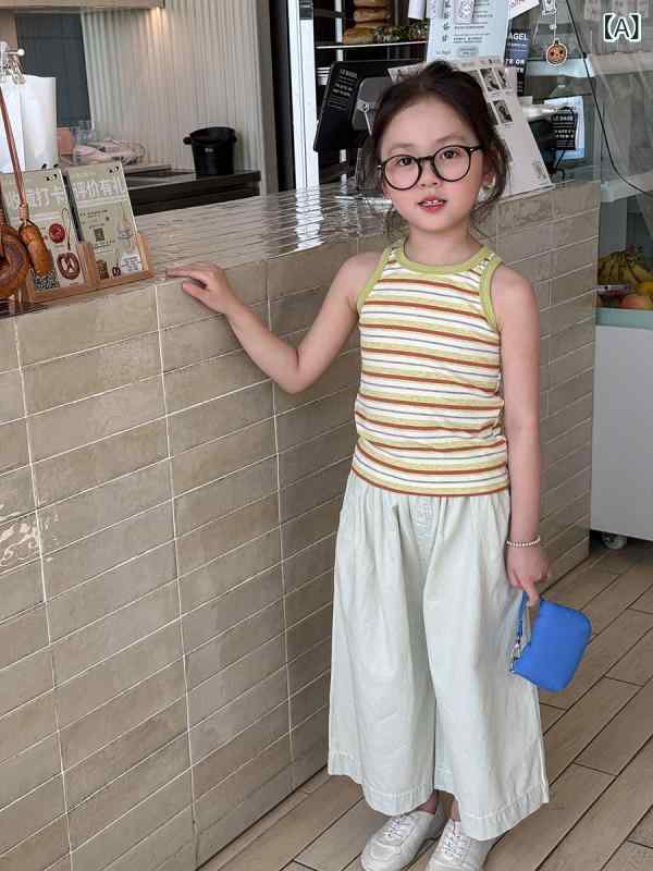 子供服 女の子 ストライプ タンクトップ 子供 韓国風 ノースリーブ トップス ベビ...