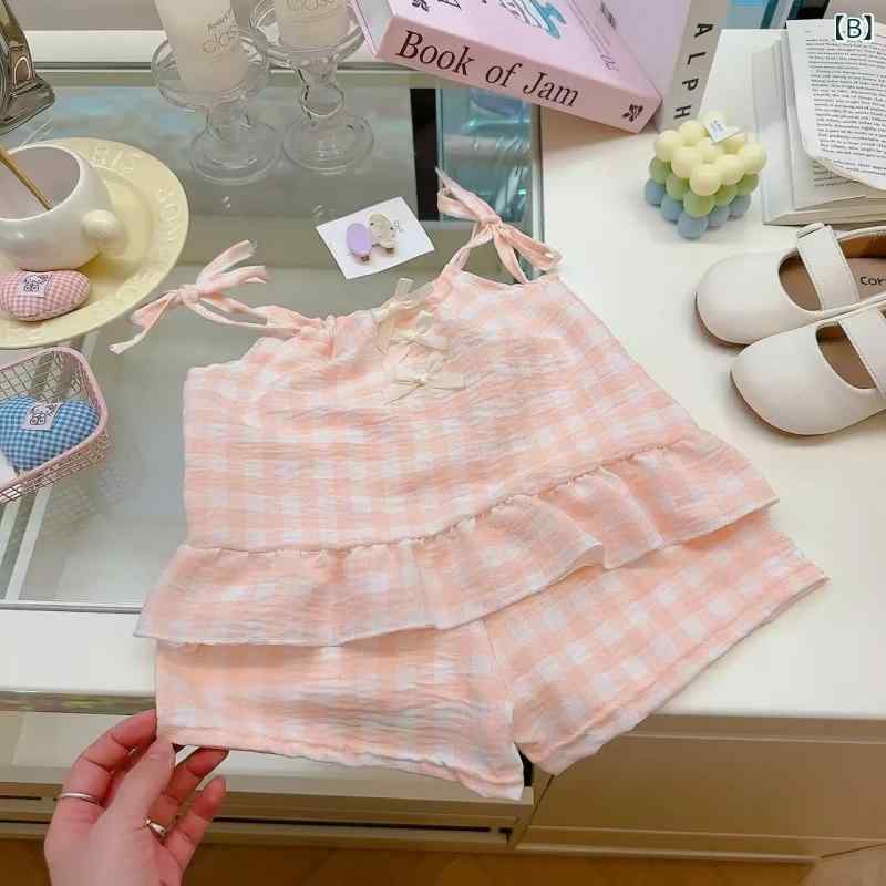 キッズ 女の子 セットアップ ノースリーブ トップス ショートパンツ 上下 2点 格子柄 吊りスカート風 接触冷感 かわいい 通園 普段着 イエロー系 ピンク系 グリーン系