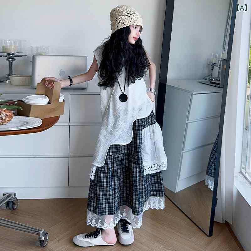 子供服 女の子 夏服 セットアップ ノースリーブ レース チュール チェック柄 スカ...