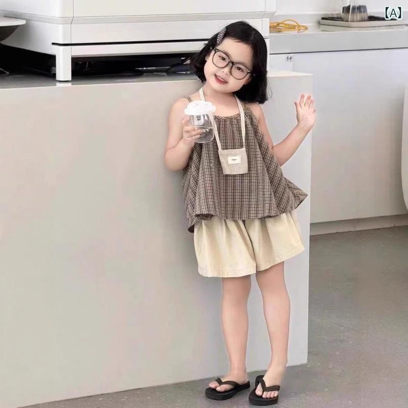 キッズ 女の子 セットアップ サマー キャミソール シャツ ショートパンツ 上下セット チェック柄 かわいい 薄手 普段着 部屋着 お出かけ