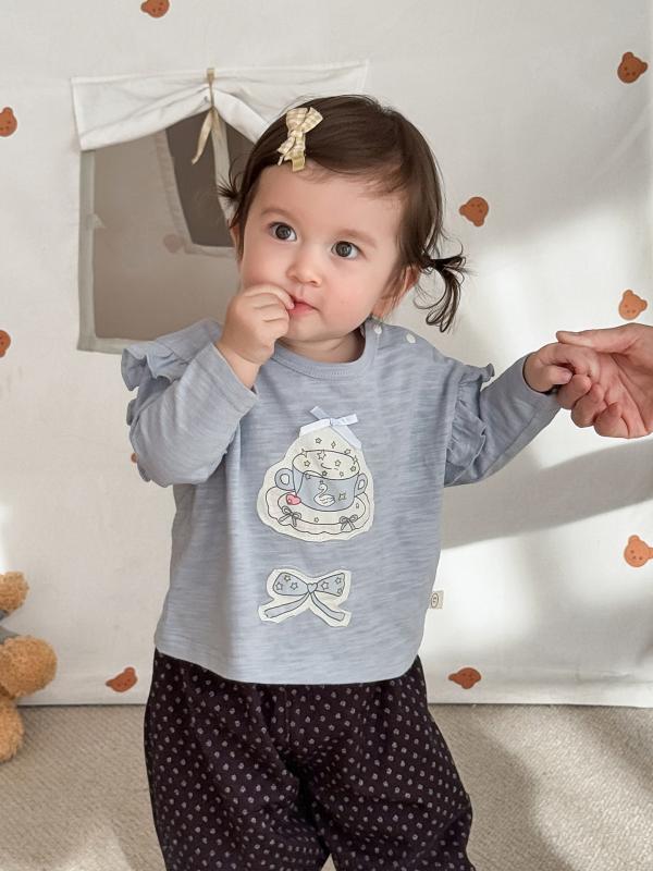 Tシャツ キッズ 女の子 かわいい 韓国風 子供服 トップス 春秋 長袖 カットソー 蝶結び付き ガールズ ベビー 普段着 73 80 90 100 110 120 クリーム杏 貝殻粉 霧霾ブルー