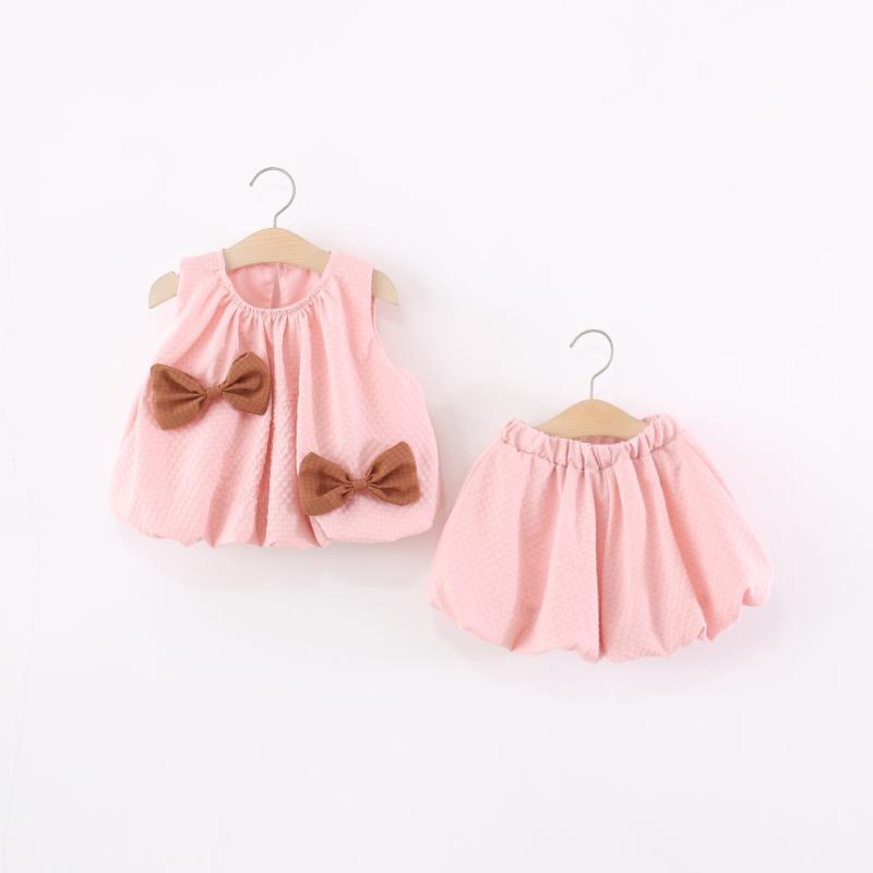 Other - 子供服 女の子 ベビー服 上下セット かわいい 蝶結び ノースリーブ 短パン 2点セット 夏物 ピンク系 イエロー系 コットン