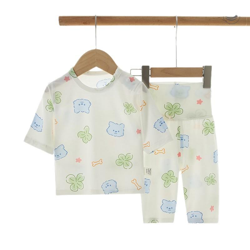 子供用パジャマ 上下セット 薄手 通気性 再生繊維 ベビー 高腰 腹巻 7分袖 長ズボン 部屋着 ルームウェア 春夏秋 かわいい 小犬 小花 小動物 恐竜 車