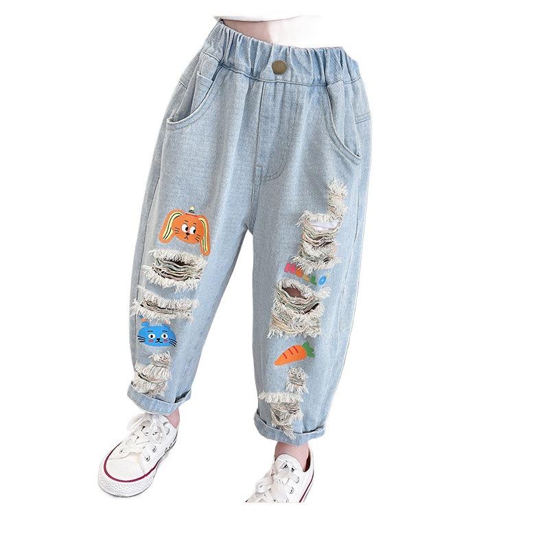 子供服 ジーンズ キッズ デニムパンツ 夏 薄手 男女兼用 落書き ダメージ加工 ロングパンツ カジュアル..