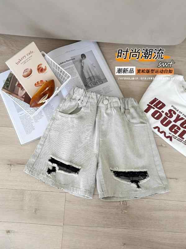 キッズ ハーフパンツ 男の子 デニムパンツ 子供服 B類 5分丈パンツ 短パン 薄手 接触冷感 柔らかい 破れ加工 穴あき 涼しい 普段着 おしゃれ グレー系