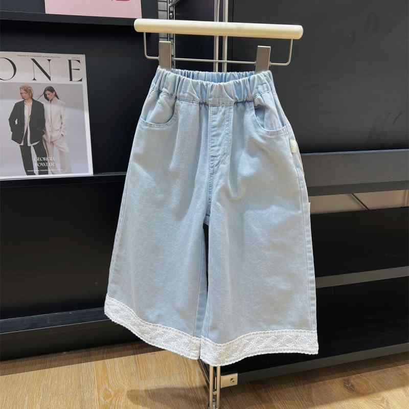 子供服 デニムパンツ 女の子 レース 裾フリル ガールズ 接触冷感 薄手 涼しい ワイドパンツ ゆったり 普段着 部屋着 韓国風 かわいい 水色