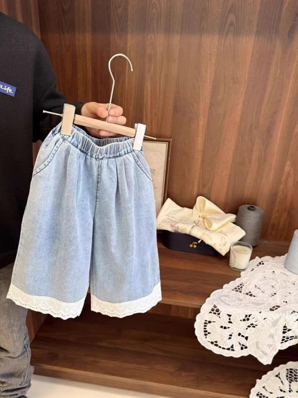 ベビー服 デニムパンツ 女の子 幼児 花柄レース ワイドレッグ 薄手 夏物 コットン 9分丈 80 90 100 110 120 130