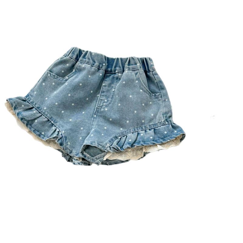 子供服 デニムショートパンツ 女の子 薄手 パンツ 夏 B類安全基準 90~140サイズ コットン 花柄レース フリル 裾フリル かわいい おしゃれ 普段着