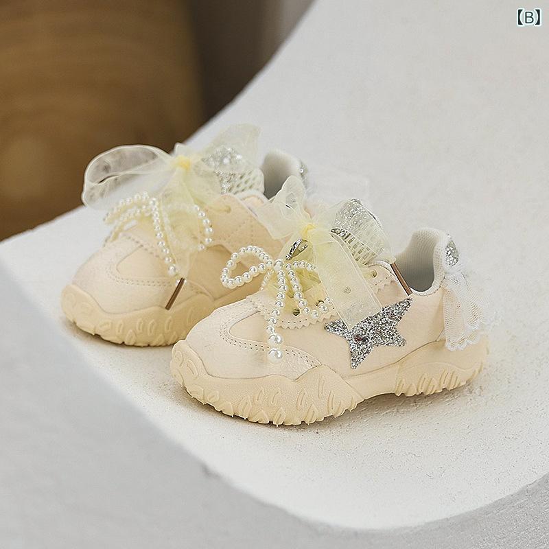 スニーカー 子供 女の子 運動靴 春秋 メッシュ バタフライ 幼稚園 小学生 キッズ シューズ 白 普段履き 軽量 滑り止め 人工皮革 ピンク ベージュ シルバー