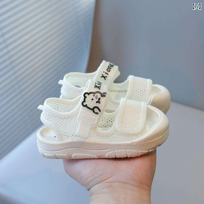 ベビー サンダル 男の子 女の子 1歳 2歳 3歳 柔らかい靴底 蹴り防止 通気性 滑り止め くま柄 アイボリー ピンク系 ブラック ブルー