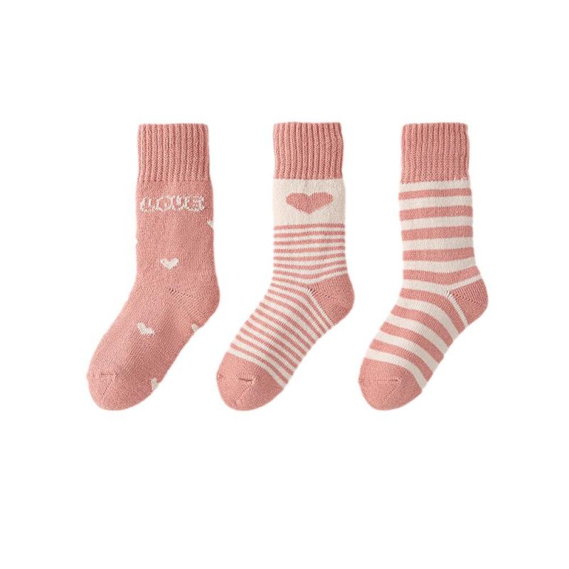 靴下 キッズ 子供用 秋冬 加絨 加厚 3足組 毛糸 パイル編み ミドル丈 ソックス チェック柄 親子