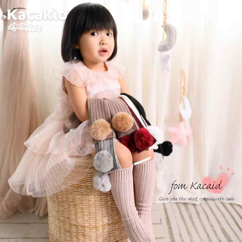 靴下 キッズ 女児 ベビー ソックス 冬用 厚手 保温 中筒 無地 コットン 毛糸 ボール 飾り かわいい プ..