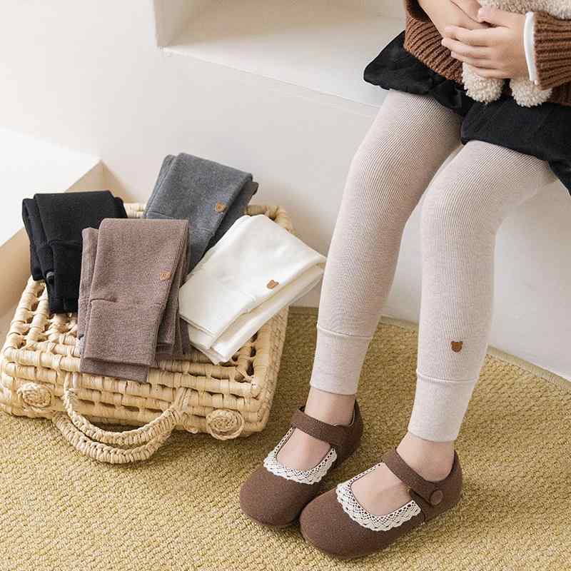 キッズ タイツ 小熊 薄起毛 あったか 女の子 子供服 レギンス パンツ 綿 混紡 無地 秋冬 かわいい 普段着 通園 通学 ホワイト ブラック グレー ブラウン系