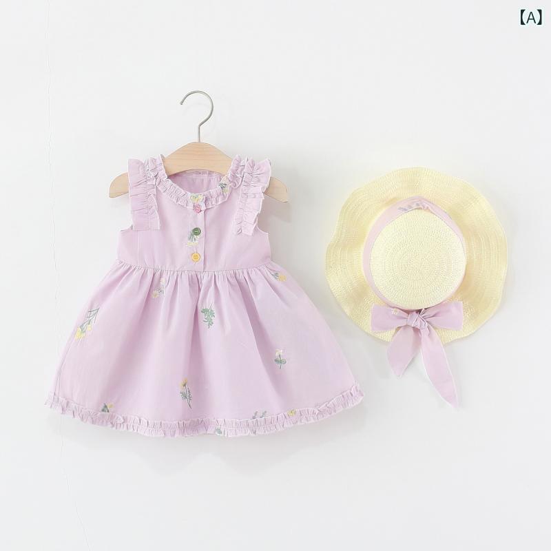 ワンピース 女の子 ベビー 子供服 帽子付き コットン 花柄 刺繍 フリル Aライン ノースリーブ 幼児 普段着 かわいい パープル系 80 90 100 110 120 - 2