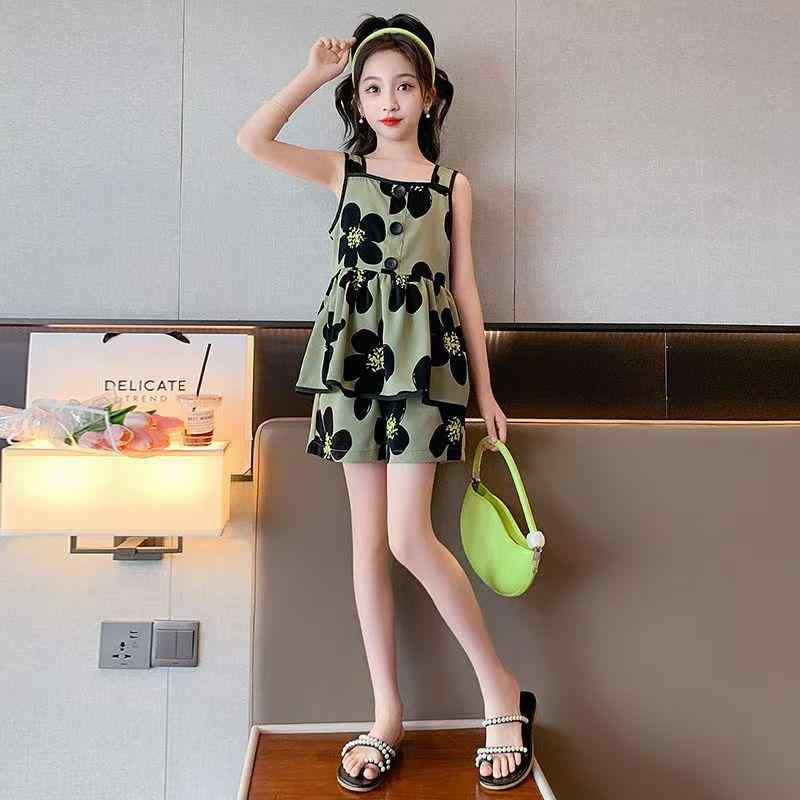 子供用 ワンピース & 短パン セットアップ 女の子 夏服 花柄 キャミソール ワンピース 2点セット 8歳以上 140cm以上 かわいい 薄手 接触冷感 普段使い 部屋着